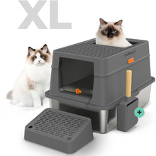 Cellavi Kattenbak RVS - Geschikt voor Grote en Kleine Katten - Incl. Kattenbakschep en Grit Opvanger - Donker Grijs - 60x40x38 cm