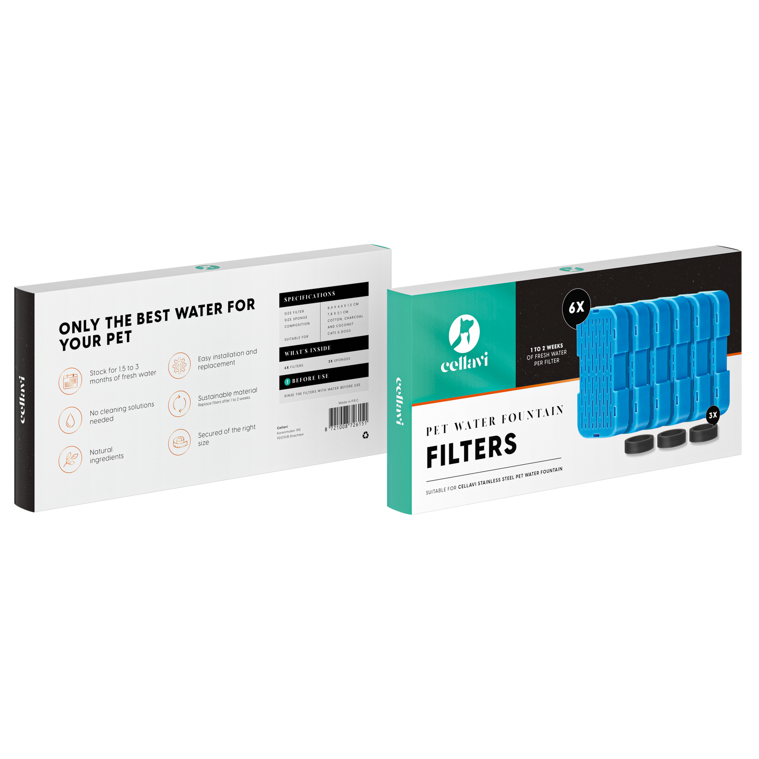 Cellavi Waterfilters Set voor Drinkfontein R1X - 6 Filters en 3 Sponsen