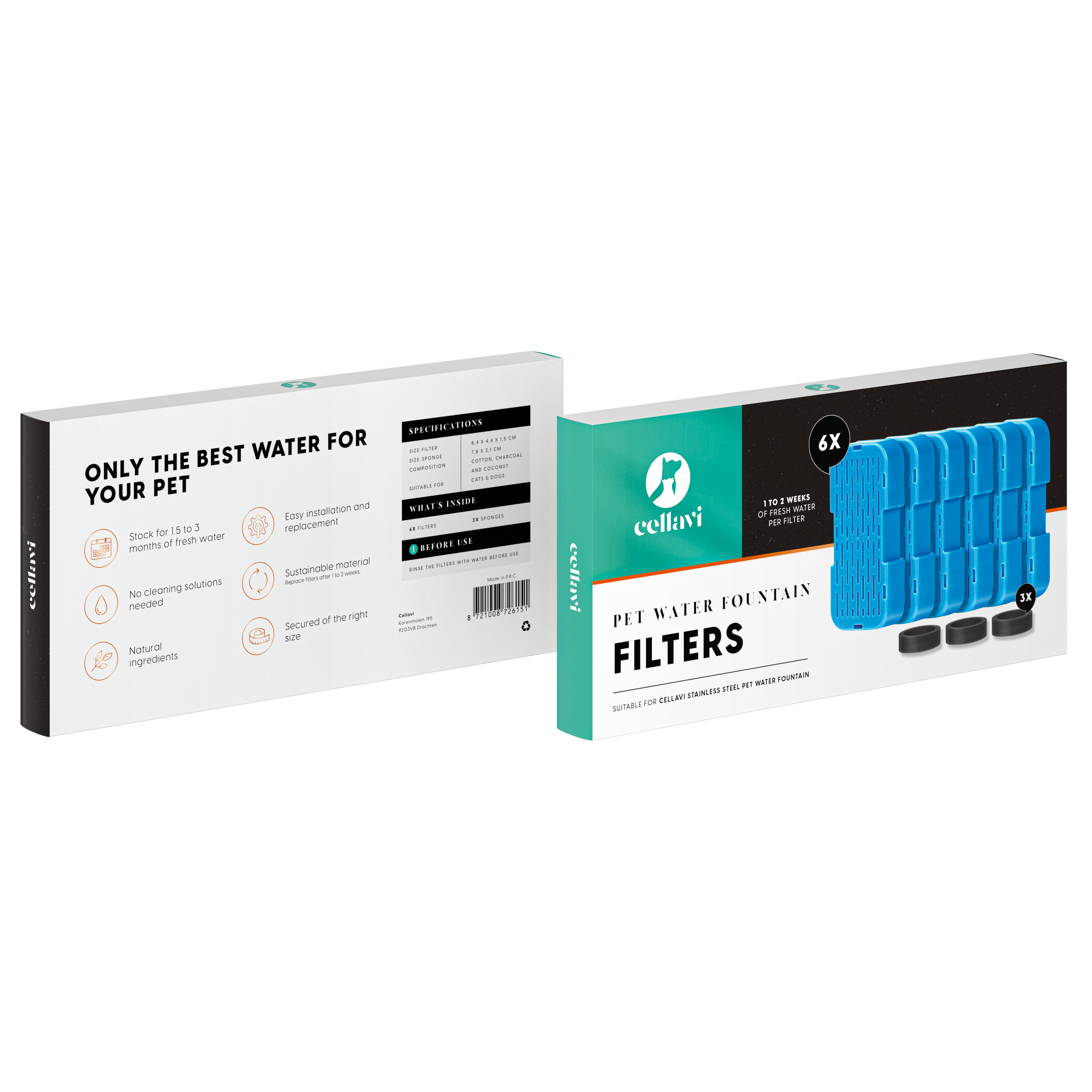 Cellavi Waterfilters Set voor Drinkfontein R1X - 6 Filters en 3 Sponsen