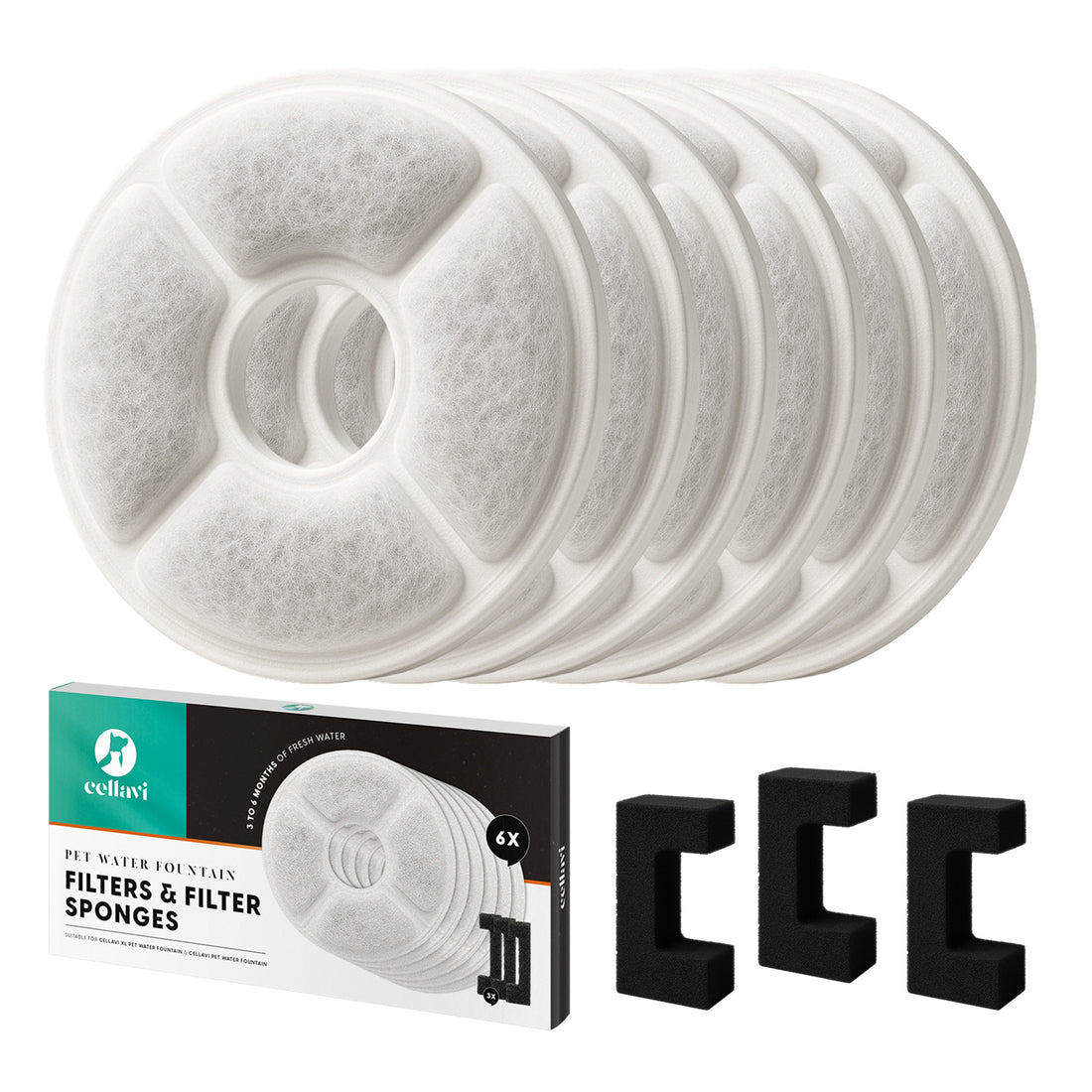 Cellavi Waterfilters Set voor Drinkfontein S1 - 6 Filters en 3 Sponsen
