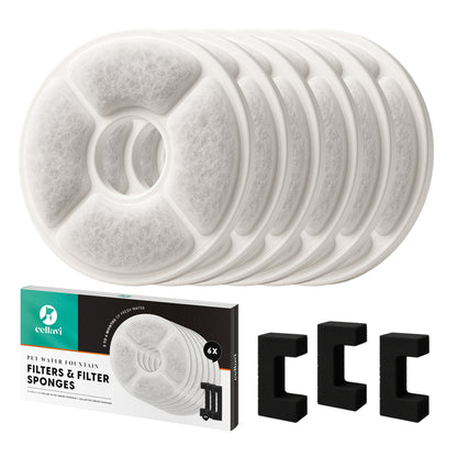 Cellavi Waterfilters Set voor Drinkfontein S1 - 6 Filters en 3 Sponsen