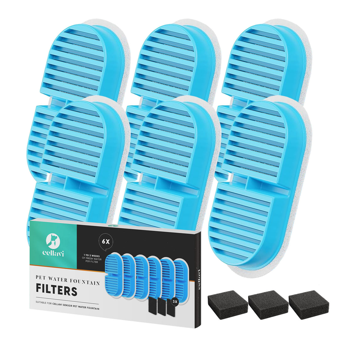 Cellavi Waterfilters Set voor Drinkfontein R3A-X - 6 Filters en 3 Sponsen