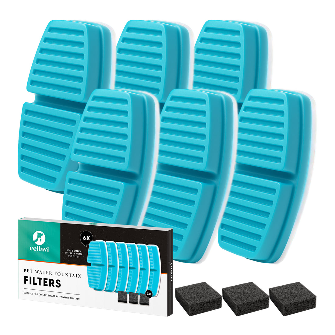 Cellavi Waterfilters Set voor Drinkfontein R2A - 6 Filters en 3 Sponsen