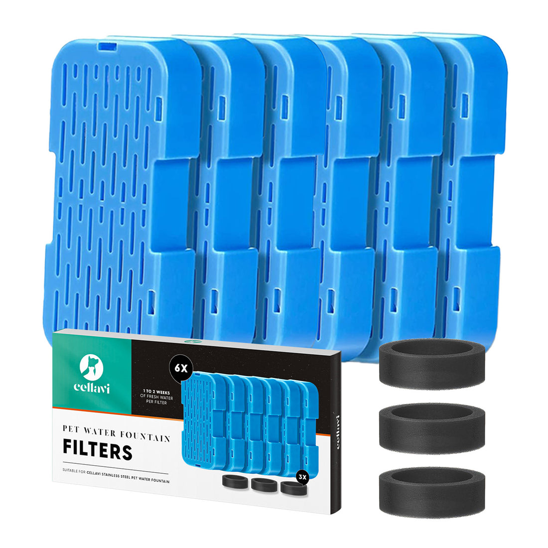 Cellavi Waterfilters Set voor Drinkfontein R1X - 6 Filters en 3 Sponsen