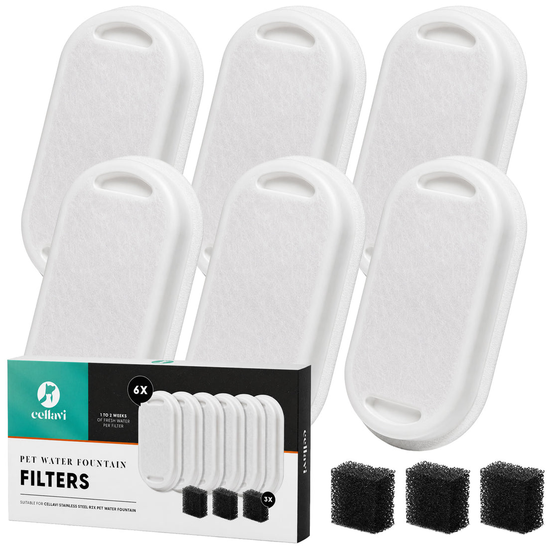 Cellavi Waterfilters Set voor Drinkfontein R2X - 6 Filters en 3 Sponsen