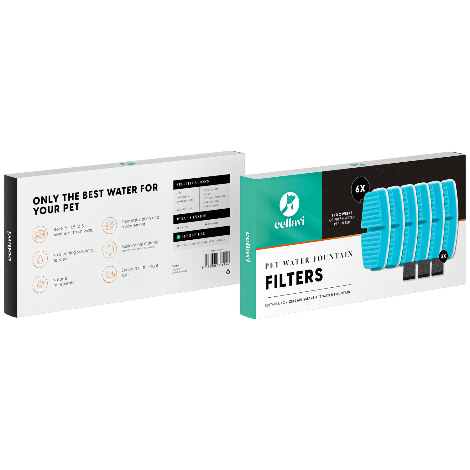 Cellavi Waterfilters Set voor Drinkfontein R2A - 6 Filters en 3 Sponsen