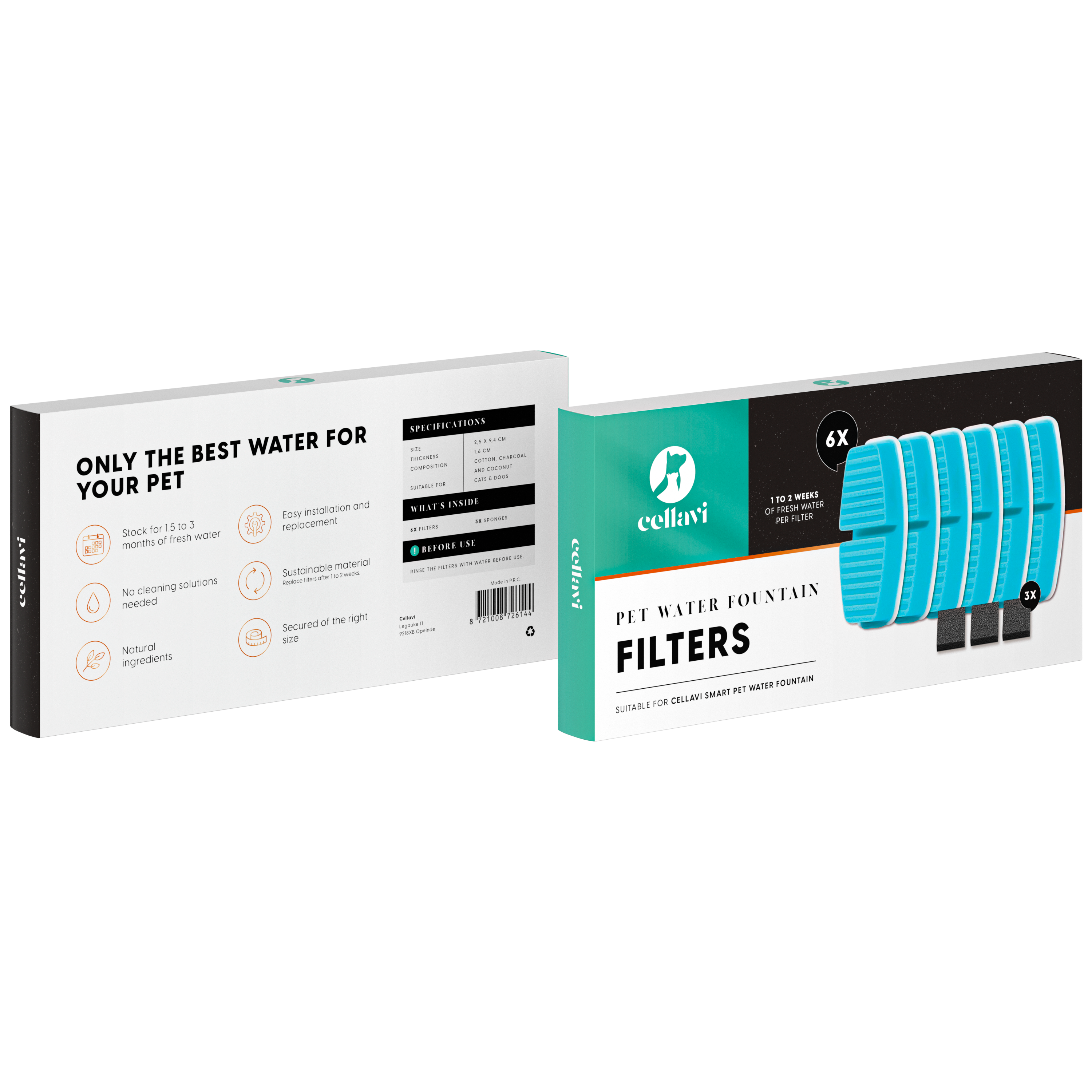 Cellavi Waterfilters Set voor Drinkfontein R2A - 6 Filters en 3 Sponsen
