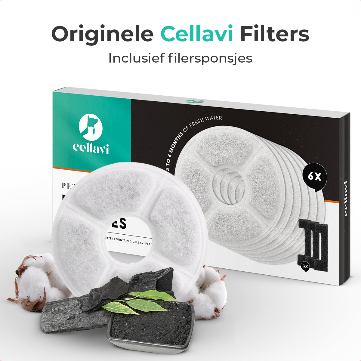 Cellavi Waterfilters Set voor Drinkfontein S1 - 6 Filters en 3 Sponsen
